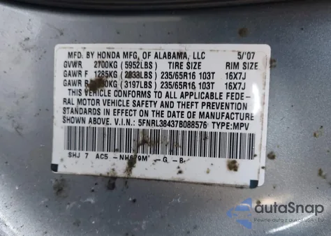 2007 Honda Odyssey Ex z USA, uszkodzony, nr VIN 5FNRL38437B088576